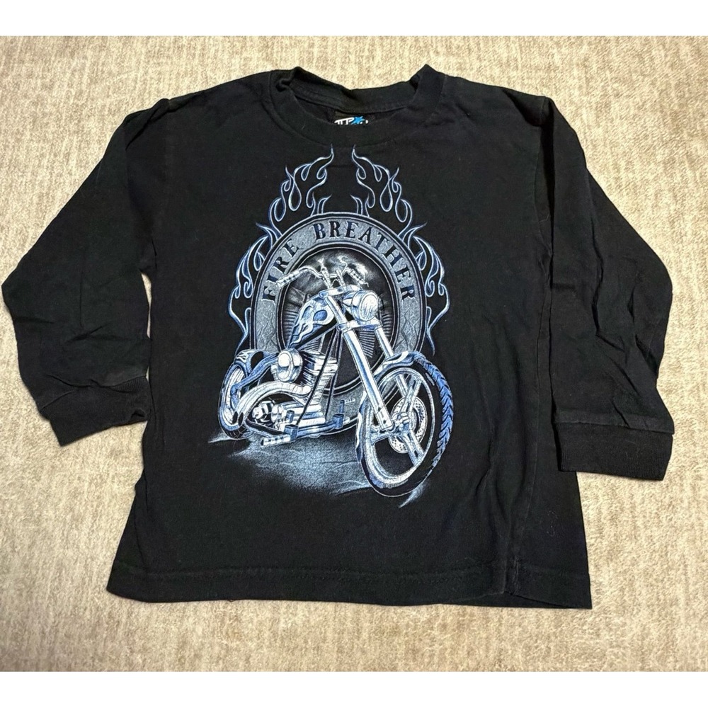Top Heavy Fire Breather Chopper Motorcycle Shirt Youth 4/5 Black Biker Y2K